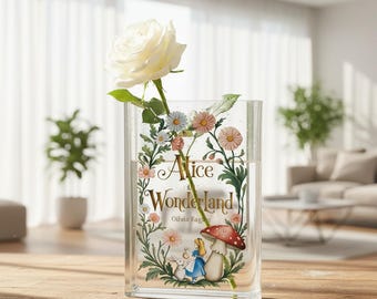 Alice in Wonderland Acrylic Book Vase, Storybook Fantasy Room Decor, Library Vase, Book Lover Shelf Decor, Whimsical Vintage Floral Vase