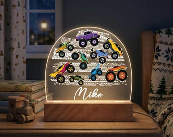 Monster Trucks Night Light with Name, Personalised Motorsport Acrylic Plaque, Children's Light, Bedside Light, Bedroom Decor, Gift For Boys