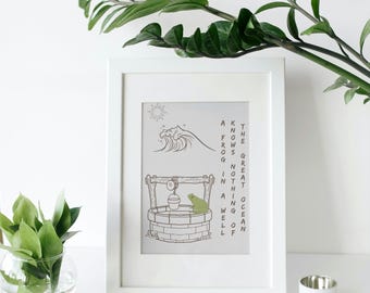 日本の禅のカエルのプリント、ミニマリストの壁アート、モチベーションを高める引用ポスター、ジャパニーズの美的装飾、知恵と視点、アジアの哲学