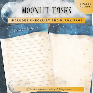 May include: A printable checklist with a moon and stars design. The checklist has the text "Moonlit Tasks" and "For the dreamers who get things done." The checklist includes a blank page.