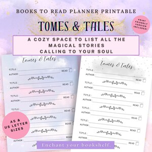 May include: Printable book list planner with a whimsical design featuring clouds, stars, and floral accents. The planner is titled "Tomes & Tales: A Cozy Space to List All the Magical Stories Calling to Your Soul". It includes space to list book titles, authors, and a checkbox to mark books as read. The planner is available in A5 and US Letter sizes.