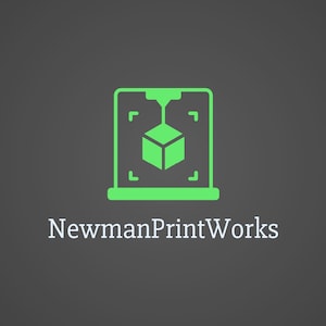 May include: Green logo for NewmanPrintWorks, a 3D printing company. The logo features a green 3D printer with a green cube being printed inside.