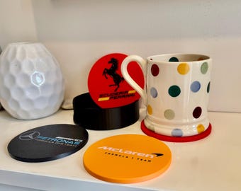 Formula 1 Team Coasters Set with Holder. Perfect for F1 Fan, Birthday Gift, Father's Day, Ferrari, Mercedes, Red Bull McLaren Cadillac Audi!