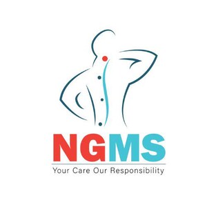 Può includere: Un'illustrazione stilizzata in blu e bianco di una persona con un punto rosso sul collo. Il testo "NGMS" è sotto l'illustrazione in lettere rosse e blu. Il testo "Your Care Our Responsibility" è sotto il testo "NGMS".
