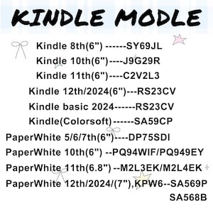 May include: A list of Kindle models with their corresponding model numbers. The text includes Kindle 8th (6"), Kindle 10th (6"), Kindle 11th (6"), Kindle 12th/2024 (6"), Kindle basic 2024, and Kindle (Colorsoft). Also includes PaperWhite models.