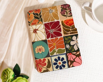 May include: A patterned tablet case featuring a grid of floral designs in various colors, including orange, red, and pink. The case has a soft, matte finish and a decorative, artistic style. The design is reminiscent of vintage tile patterns.