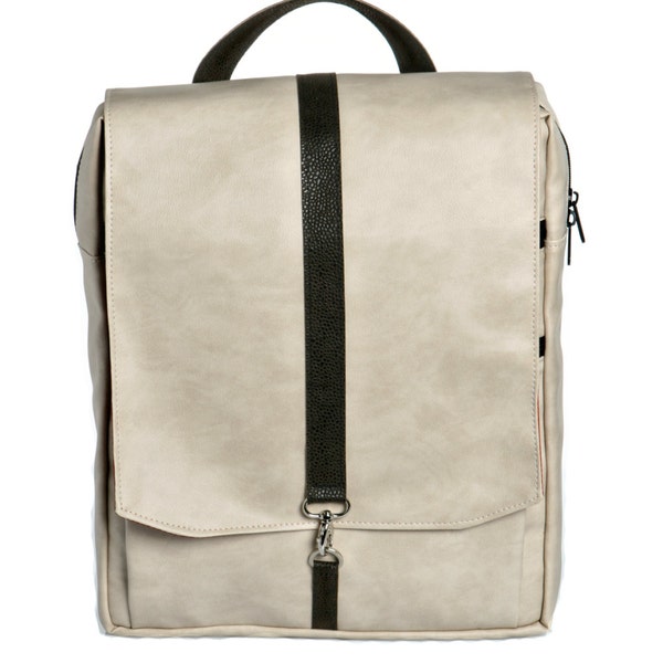 Off White Faux Leather , Backpack, padded laptop bag - Roxanna