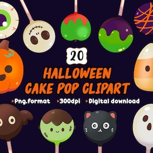 以下が含まれることがあります： カボチャ、目玉、お化け、コーンキャンディーなど、ハロウィーンをテーマにした10個のケーキポップのコレクション。画像には「20 Halloween Cake Pop Clipart」というテキストが含まれています。ポップは、濃い青色の背景に対してさまざまな色で表示されています。