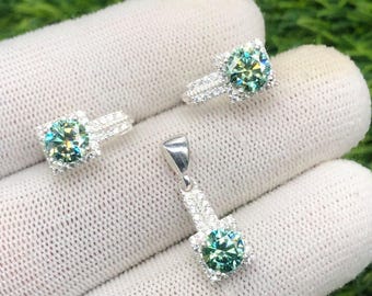 Sterling Silver Moissanite Halo Jewelry Set | 3 Carat Pendant, Rings