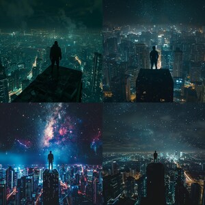 Può includere: Un collage di quattro immagini che mostrano una figura solitaria in piedi su un tetto che si affaccia su una città di notte. La prima immagine mostra le luci della città in lontananza, la seconda immagine mostra le luci della città con un cielo stellato, la terza immagine mostra le luci della città con una galassia di stelle, e la quarta immagine mostra le luci della città con un cielo stellato.