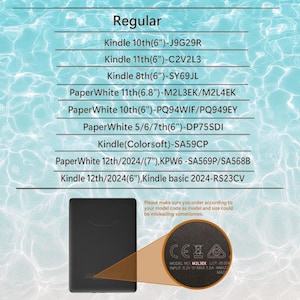 Pu&ograve; includere: Un e-reader Kindle nero con un elenco di modelli e dimensioni compatibili. L'elenco include i modelli Kindle di 10a, 11a e 8a generazione, nonch&eacute; le versioni Paperwhite e Kindle Colorsoft. L'immagine include anche un avviso.