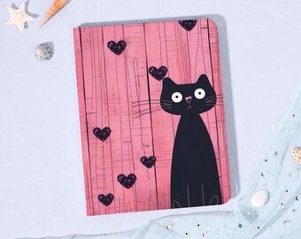 Pink Black Cat 2024iPad7/8/9/10 Air Mini3/5/6th Gen Pro11/12.9"Inch Cover Flip Book Case Pencil Holder Auto Wake/Sleep,Gift fir Her