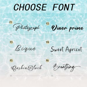 Pu&ograve; includere: Immagine con il testo "CHOOSE FONT" in nero. Sotto, sono visualizzate sei opzioni di carattere: Photograph, Winer prime, Bique, Sweet Apricot, Qaskin Black e Breathing. Lo sfondo &egrave; un motivo di acqua blu chiaro.