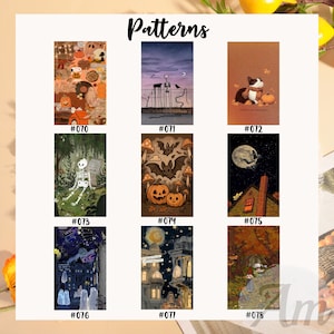 May include: A collection of nine rectangular patterned designs with a Halloween theme. The designs include illustrations of pumpkins, bats, ghosts, and a skeleton. The word "Patterns" is at the top.