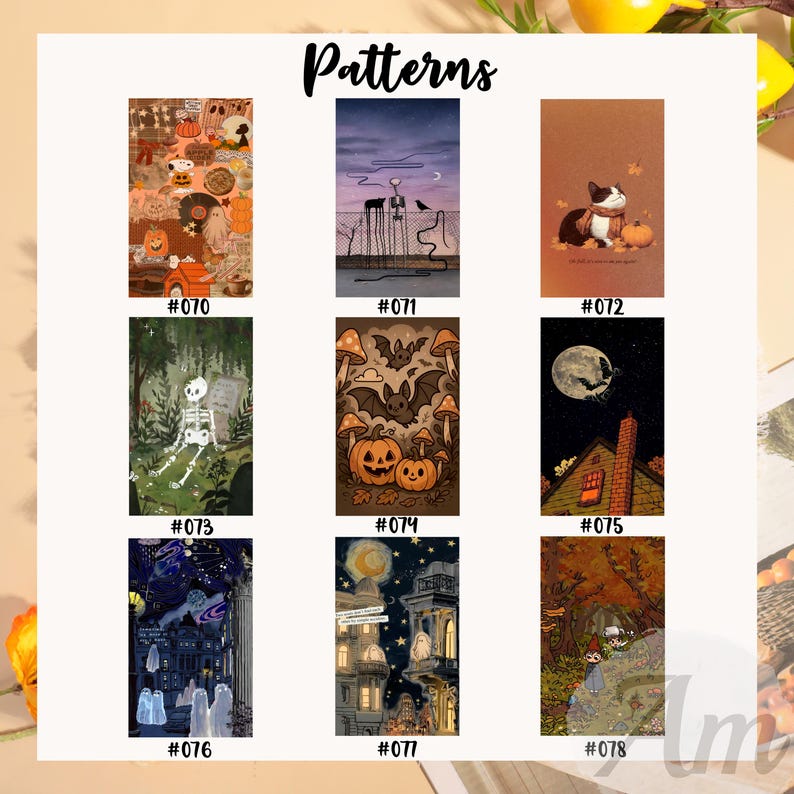 May include: A collection of nine rectangular patterned designs with a Halloween theme. The designs include illustrations of pumpkins, bats, ghosts, and a skeleton. The word "Patterns" is at the top.