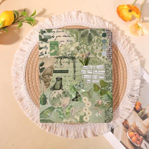 May include: A green and white journal with a collage design featuring butterflies, a frog, and floral elements. The text "and if I could give you the moon, would give you the moon" is visible. The journal is placed on a woven placemat.