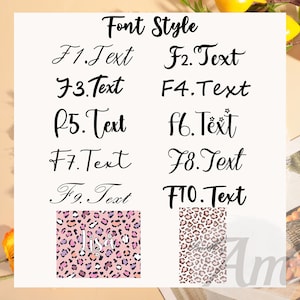 May include: A white background displays various font styles labeled F1 through F10. Below are two leopard print designs, one pink and purple with the name "Lisa", and the other brown and tan with the name "Sarah".