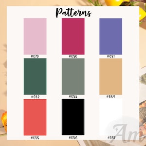 May include: A color palette featuring nine rectangular swatches in various shades, including pink, red, blue, green, gray, and black. Each swatch is labeled with a number, and the word "Patterns" is at the top.