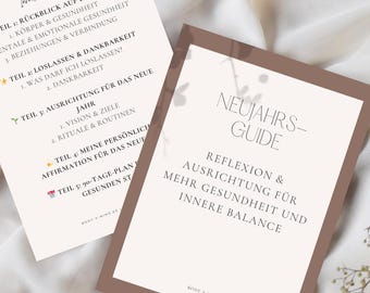Op de afbeelding: Twee printbare gidsen voor een nieuwjaarsreflectie en doelstelling. De eerste gids is getiteld "Rückblick auf das Jahr" en de tweede gids is getiteld "Neujahrs-Guide". Beide gidsen zijn gedrukt op wit papier met bruine randen.