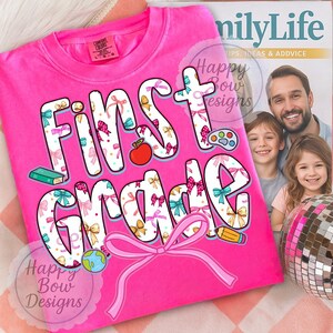 Magliette per insegnanti, regalo di ringraziamento per il ritorno a scuola, PNG per la prima elementare, design a sublimazione, stile preppy e civettuolo, per studenti di prima elementare.