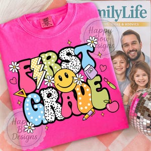 Magliette per insegnanti, regalo di ringraziamento per il ritorno a scuola, PNG per la prima elementare, design a sublimazione, stile preppy e civettuolo, per studenti di prima elementare.