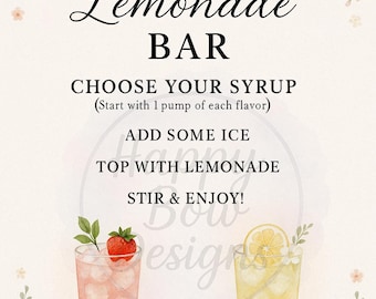 May include: A decorative sign for a lemonade bar, featuring the text "Lemonade BAR" with instructions. Two watercolor illustrations of lemonade drinks are shown, one with a strawberry and the other with a lemon slice.