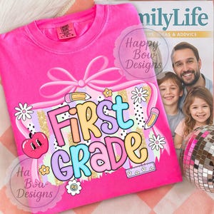 Magliette per insegnanti, regalo di ringraziamento per il ritorno a scuola, PNG per la prima elementare, design a sublimazione, stile preppy e civettuolo, per studenti di prima elementare.