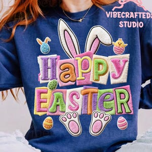 Frohe Ostern PNG, Faux Stickerei Häschen Buchstaben, Chenille Patch Ostern Design, Pastell Ostern PNG für Hemd, Häschen Ostern png, Ostern png