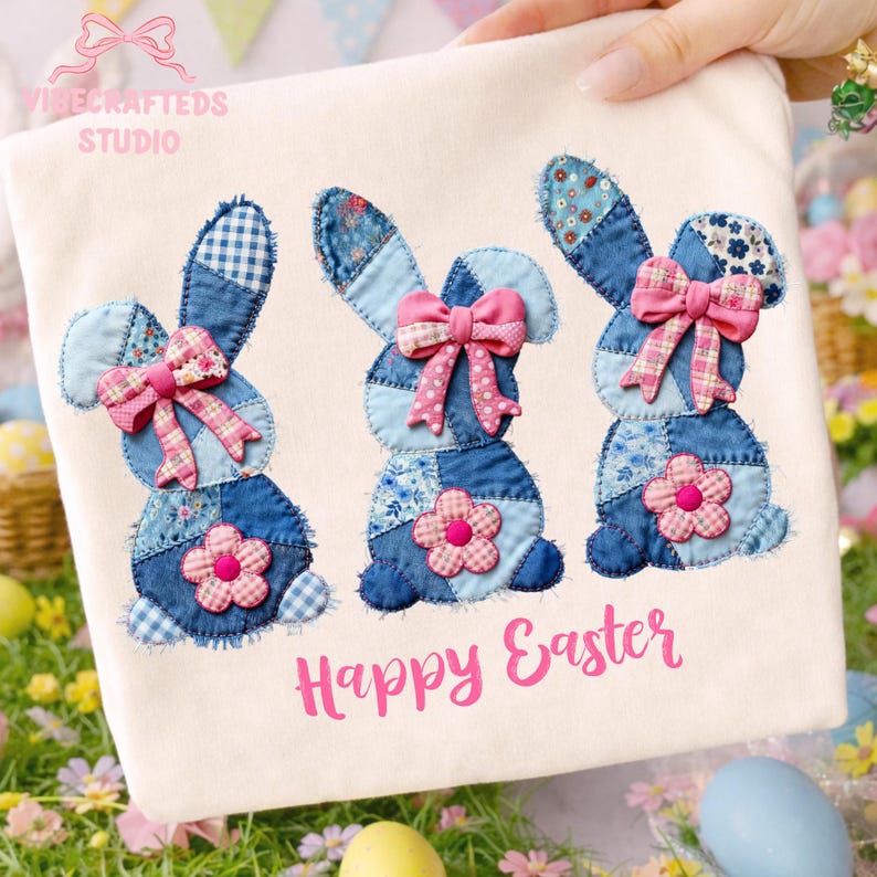 May include: A cream-colored fabric with three appliqued Easter bunnies. Each bunny is made of blue patterned fabric, with pink bows and flower accents. The words "Happy Easter" are in pink script below the bunnies. The image is held by a hand.