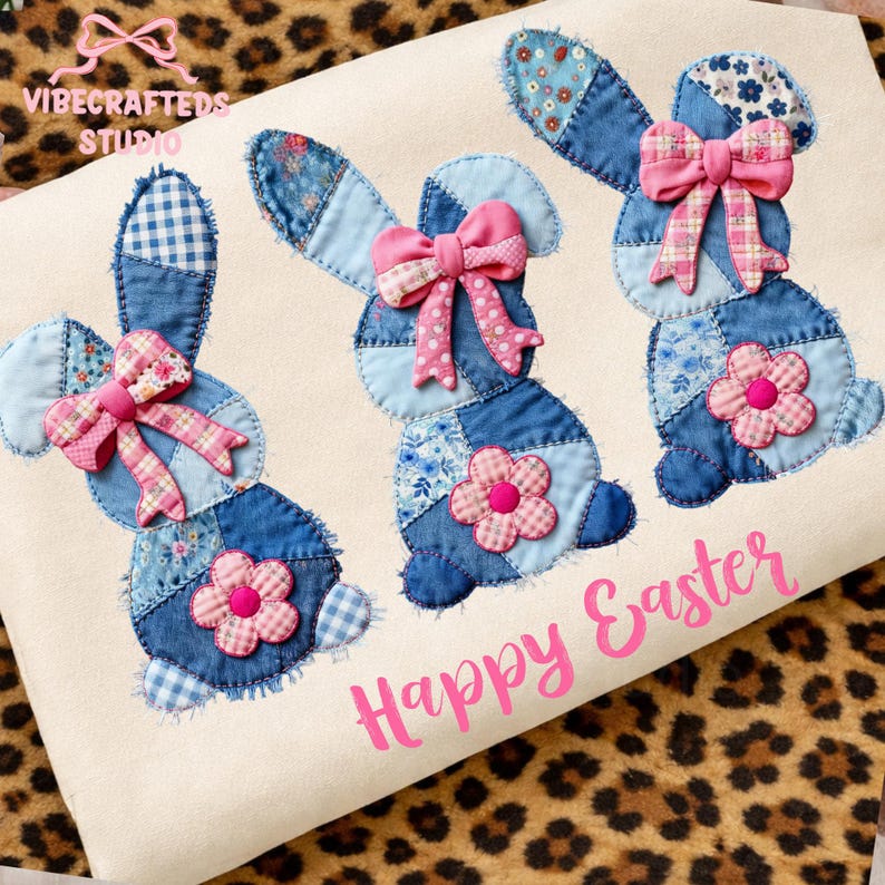 May include: A cream-colored fabric featuring three denim patchwork bunny figures with pink bows and flower accents. The words "Happy Easter" are printed in pink below the bunnies. The top left corner has the text "VIBECRAFTED STUDIO".