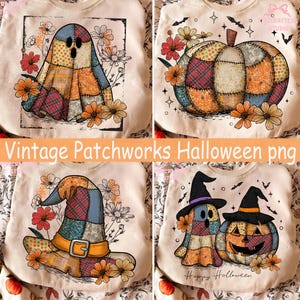 Könnte beinhalten: Vier beige Sweatshirts mit Vintage-Patchwork-Halloween-Designs. Die Designs umfassen einen Geist, einen Kürbis, einen Hexenhut und einen Geist mit einem Kürbis, alle mit Blumen und dem Text "Happy Halloween" verziert.