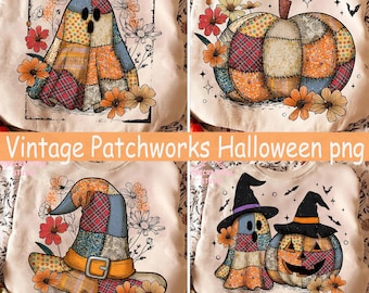 Vintage Patchwork Halloween Ghosts with Flowers png, Halloween PNG Bundle, Patchwork Pumpkin png, Witch Hat png, Fall Decor, Halloween Party