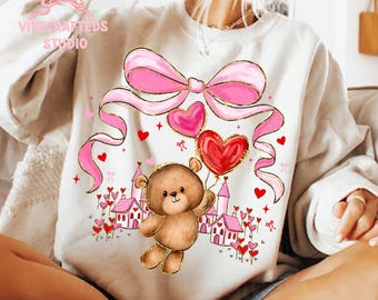 Valentine Teddy Bear png, Pink Coquette Bow Bear, Cute Love Bear with Hearts, Valentine Sublimation Design, Valentine town png, heart png