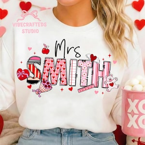 Custom teacher name doodles png, Mrs Teacher Valentine Design, pencil png, Valentine Sublimation, Valentine Heart Png, Teacher Gift Png