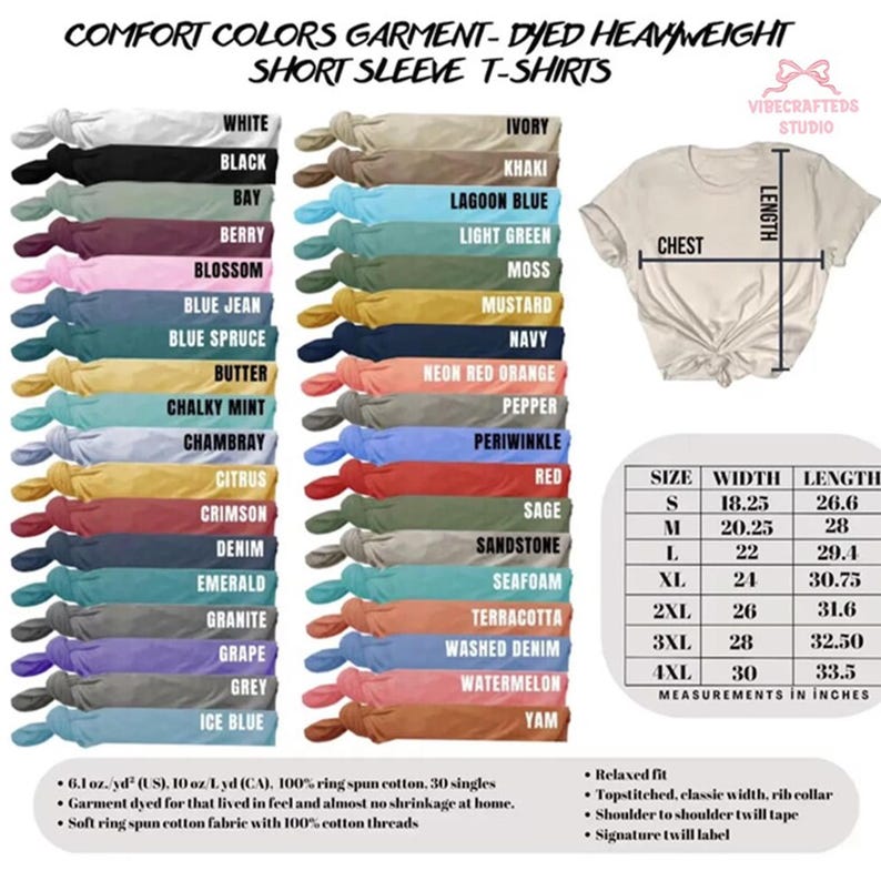 May include: A color chart for Comfort Colors garment-dyed heavyweight short sleeve t-shirts, displaying various color options with labels, a t-shirt diagram with chest and length indicators, and a size chart with measurements in inches.