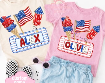 Custom Name Patriotic Ice Cream PNG, Brushstroke 4th of July Flag Fireworks Boy Girl Sublimation, Red White Blue Kids Independence Day png