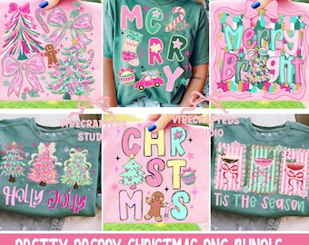 Pink Blue preppy christmas png bundle, merry & bright png, floral coquette png, merry doodles png, Pink Blue christmas  tree png, christmas