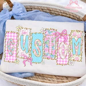 Custom Name png, Floral Gingham Coquette Name PNG, Personalized Preppy Name Design, Blue & Pink Letters,1 Name Per Order, Mother's day gift