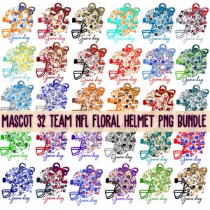 Pode incluir: Uma coleção de 32 designs florais de capacetes de futebol americano em várias cores, cada um com um laço e as palavras "Game Day". O texto "MASCOT 32 TEAM NFL FLORAL HELMET PNG BUNDLE" também está presente. Estes designs são adequados para artesanato com tema desportivo.