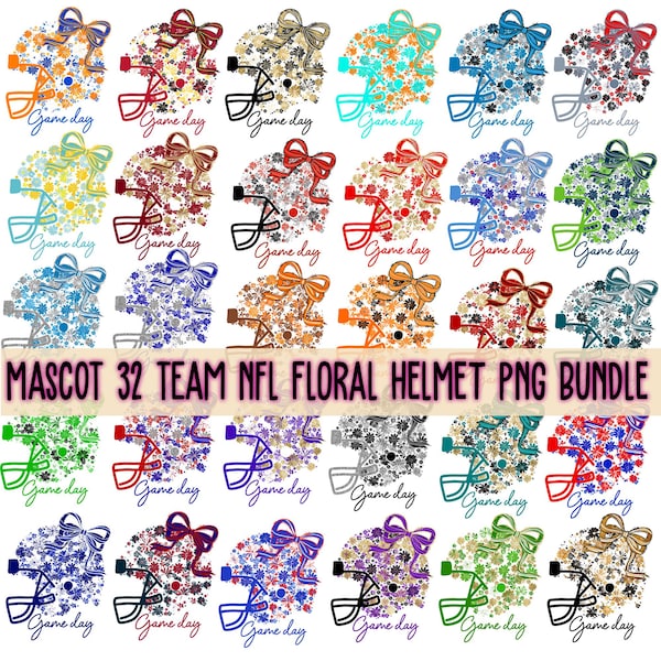 Mascot Floral Football Helmet of 32 Team PNG Bundle, Game Day Bow PNG, Custom Team Colors, Coquette Png, Game Day PNG, Touchdown Clipart Png