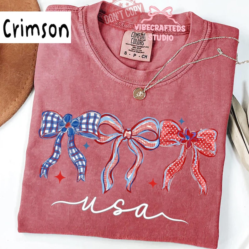 Coquette Bow USA Comfort Colors T-Shirt, Girly Patriotic Americana Tee, Glitter 4th of July Ribbon Shirt, Preppy USA Graphic Tee image 5