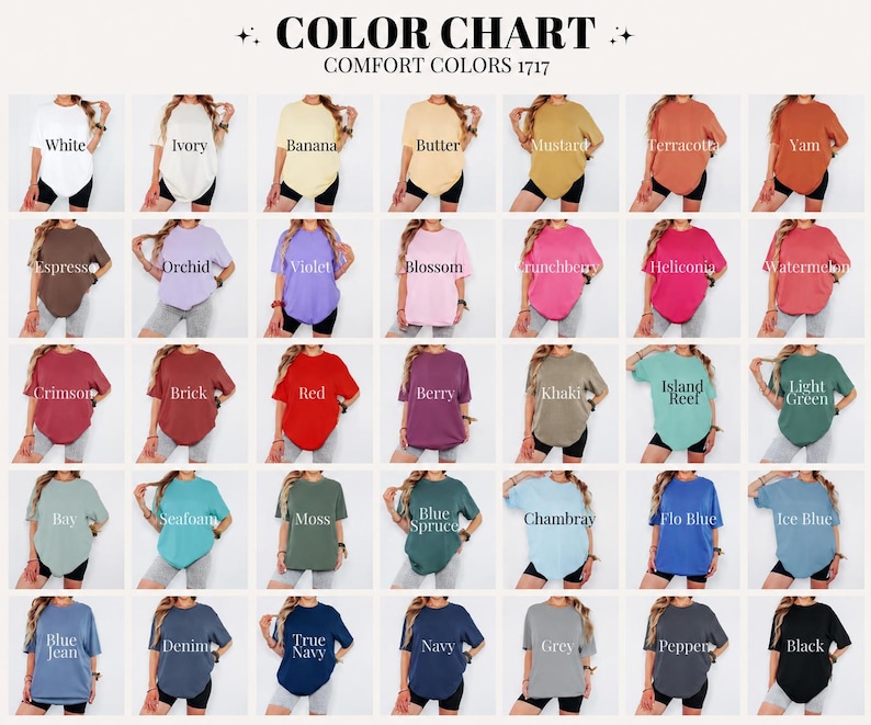 May include: A colour chart for Comfort Colors 1717 t-shirts featuring a grid of 35 short-sleeve shirts in various colours, each labelled with its specific name. The display includes shades ranging from white, yellow, and pink to blue, grey, and black.
