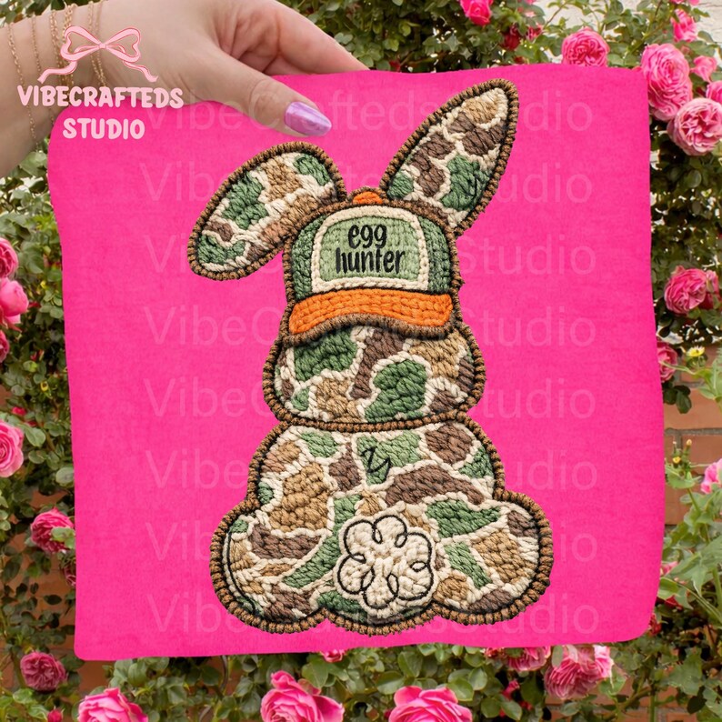 May include: Embroidered bunny design with a camouflage pattern, wearing a hat that says "egg hunter." The design is on a pink background. The bunny has a flower on its bottom.