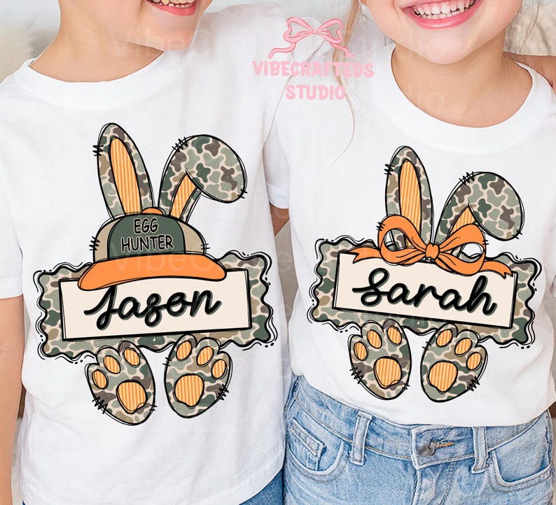 Custom Camo Bunny png, Camo Boy Bunny Egg Hunter, Camo Girl Coquette Bunny PNG, Personalized Easter Bunny Clipart, Kids Easter Shirt Design