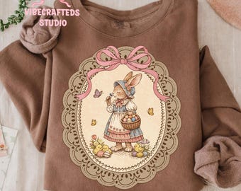 Vintage Thrifted Easter Bunny PNG, Vintage Easter Bunny Clipart, Cottagecore Oval Frame Bunny PNG, Floral Coquette Core Easter PNG, Bunny