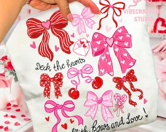 Deck the Hearts with love and bows png, brushstroke Valentine Bows png, Coquette Pink Red Doodle Clipart, Valentine png, Bow Heart Png