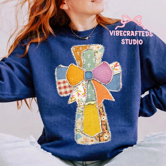 Patchwork Cross PNG with Bow, Faux Applique Embroidery Cross, Christian Easter Cross PNG, Vintage Faith Shirt Design, Easter png