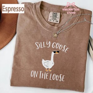 May include: Espresso-colored t-shirt with the phrase "Silly Goose On The Loose" and a cartoon goose wearing sunglasses. The shirt has a Comfort Colors tag and a silver necklace. The shirt is on a white surface.