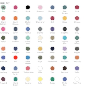 Puede incluir: Una carta de colores que muestra una cuadr&iacute;cula de muestras circulares con etiquetas que incluyen Bay, Berry, Black, Blossom, Blue Jean, Blue Spruce, Brick, Bright Salmon, Burnt Orange, Chalky Mint, Chambray, Chili, Citrus, Crimson, Crunchberry, Denim.