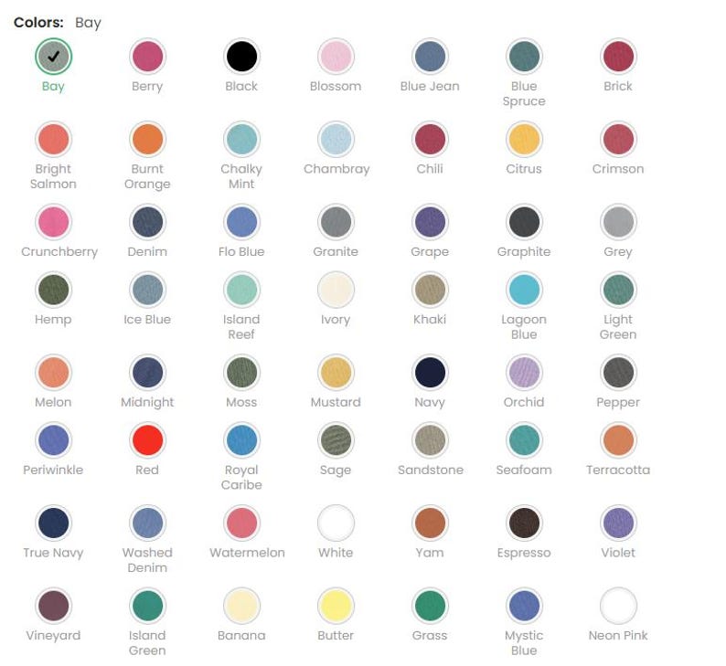 Puede incluir: Una carta de colores que muestra una cuadr&iacute;cula de muestras circulares con etiquetas que incluyen Bay, Berry, Black, Blossom, Blue Jean, Blue Spruce, Brick, Bright Salmon, Burnt Orange, Chalky Mint, Chambray, Chili, Citrus, Crimson, Crunchberry, Denim.